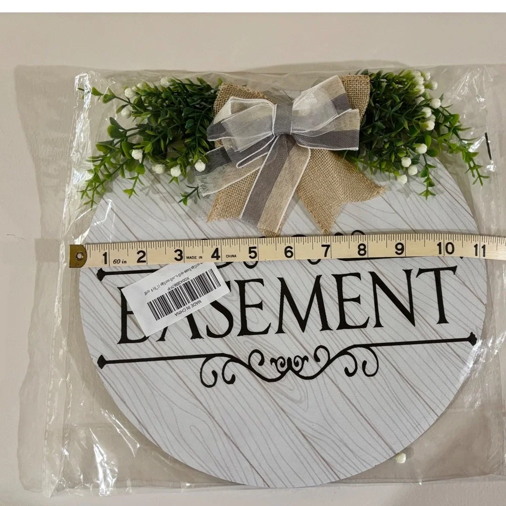 Basement Door Sign Farmhouse Round Wood Plaque Wreath Burlap Bow Greenery 11in